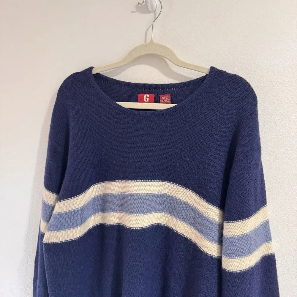 Vintage 90s Y2K Guess Sweater Mens XXL Stripe Blue White Lambswool Knit Jumper